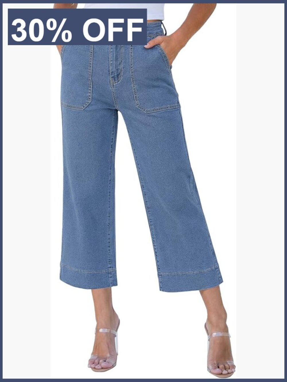 High Waisted Wide Leg Capri Jeans with Patch Pockets
